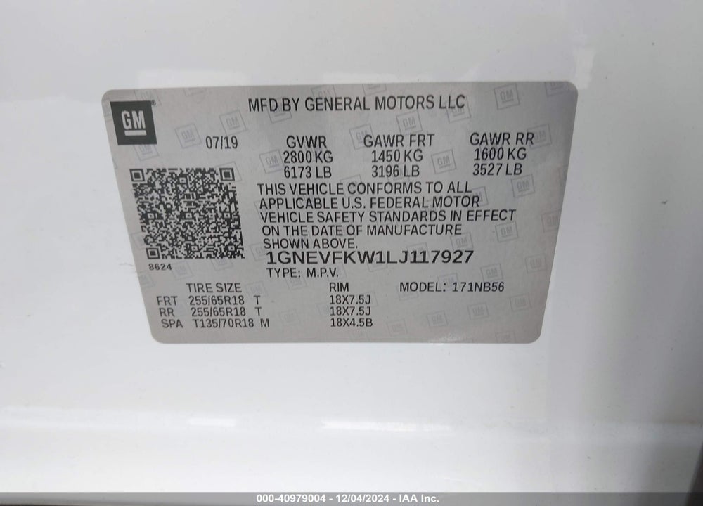 2020 CHEVROLET TRAVERSE AWD LS VIN: 1GNEVFKW1LJ117927