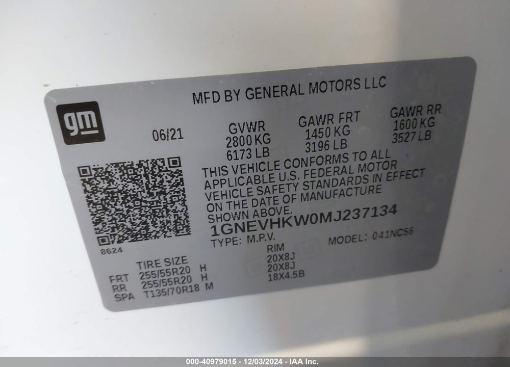 2021 CHEVROLET TRAVERSE AWD LT LEATHER VIN: 1GNEVHKW0MJ237134