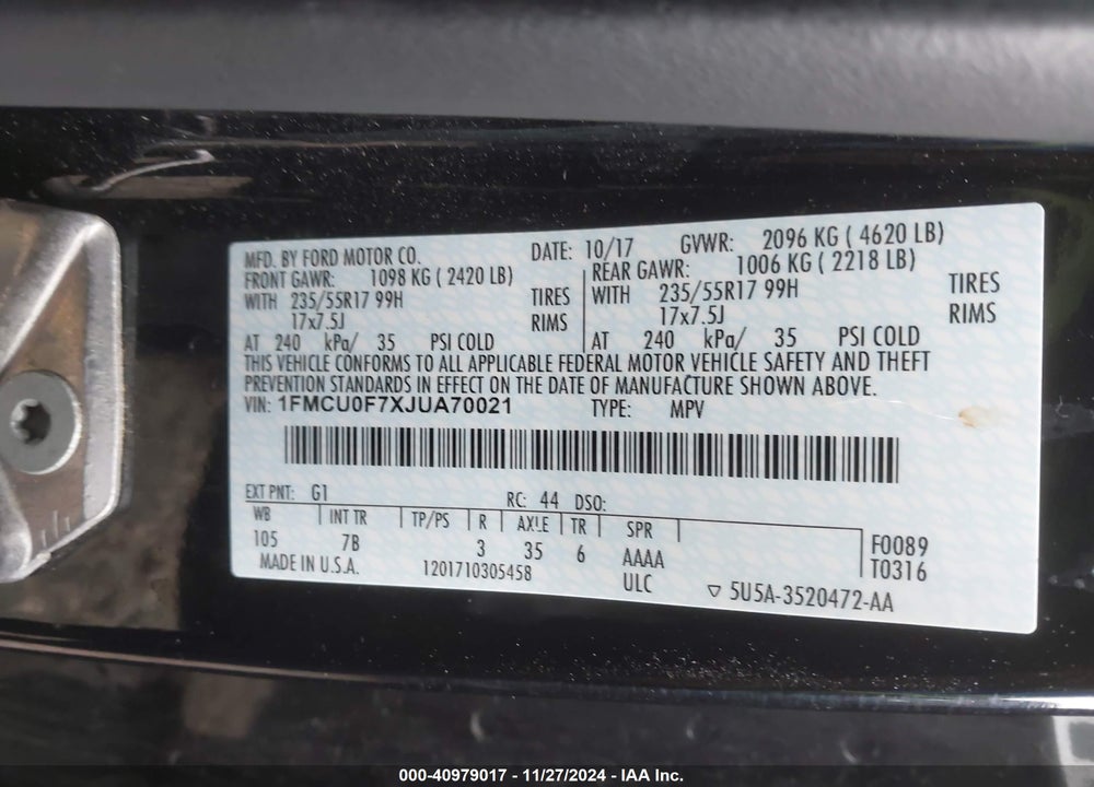 2018 FORD ESCAPE S VIN: 1FMCU0F7XJUA70021