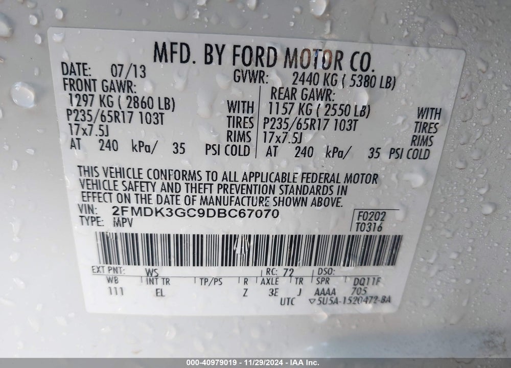2013 FORD EDGE SE VIN: 2FMDK3GC9DBC67070