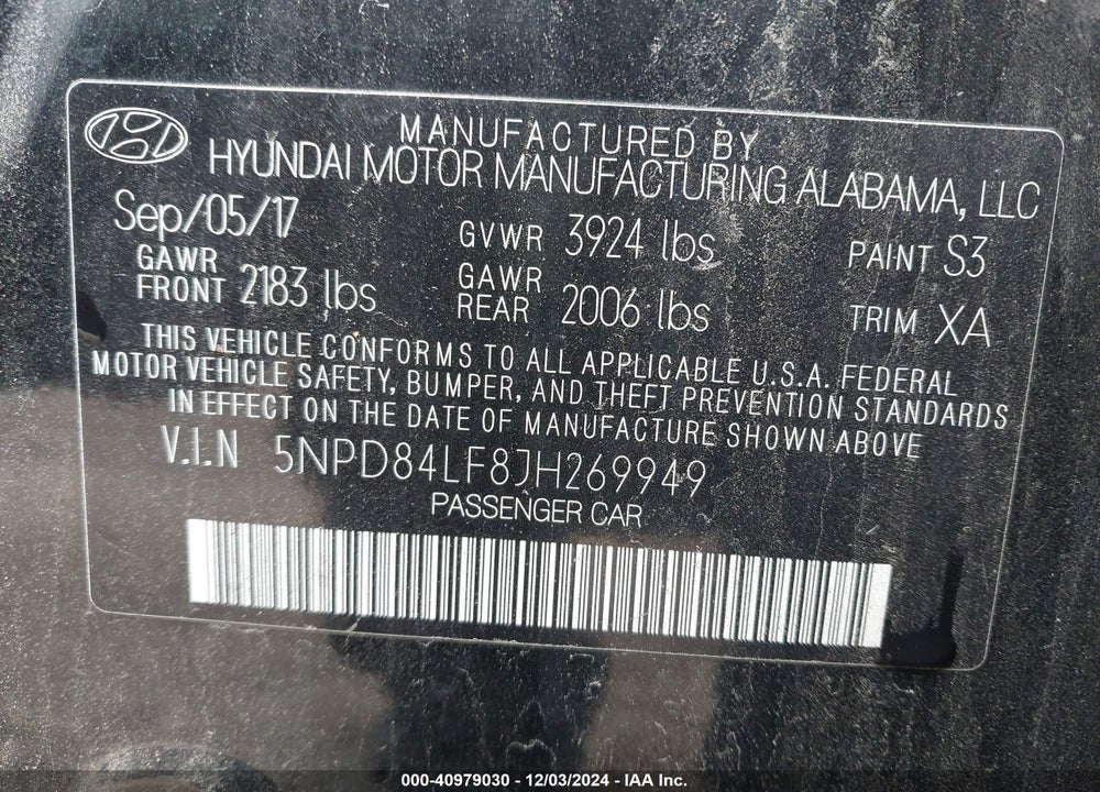 2018 HYUNDAI ELANTRA SEL VIN: 5NPD84LF8JH269949