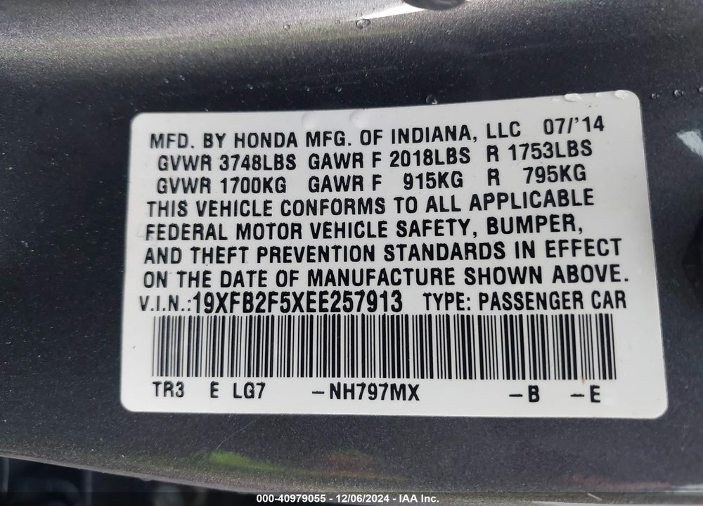 2014 HONDA CIVIC LX VIN: 19XFB2F5XEE257913