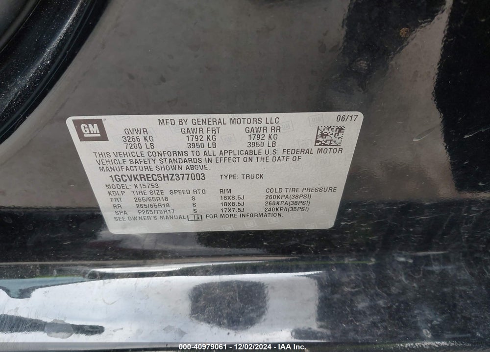 2017 CHEVROLET SILVERADO 1500 2LT VIN: 1GCVKREC5HZ377003