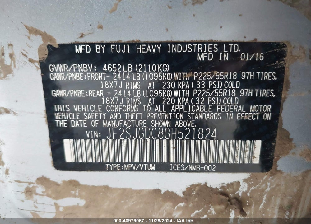 2016 SUBARU FORESTER 2.0XT PREMIUM VIN: JF2SJGDC8GH521824