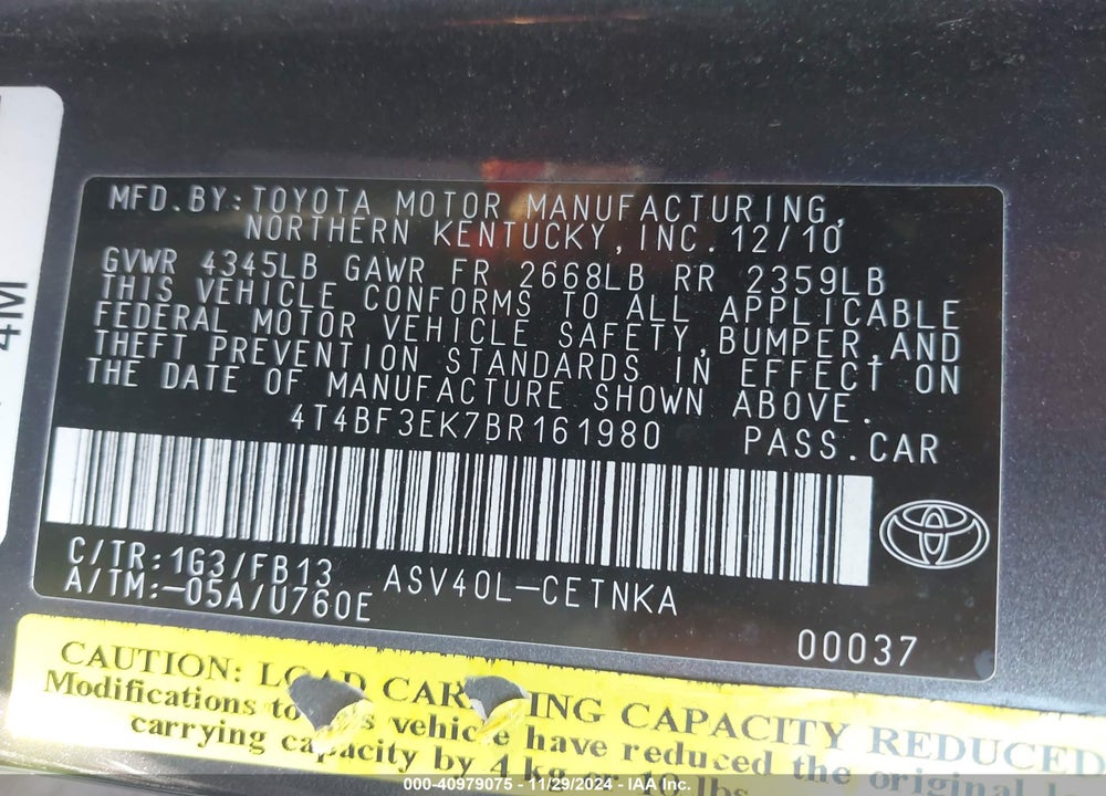 2011 TOYOTA CAMRY LE VIN: 4T4BF3EK7BR161980