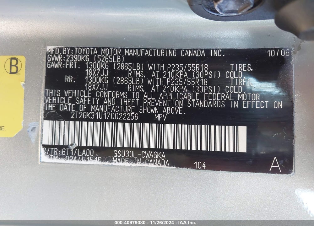 2007 LEXUS RX 350 VIN: 2T2GK31U17C022256