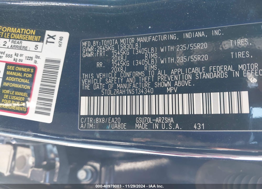 2022 TOYOTA HIGHLANDER VIN: 5TDLZRAH1NS134340