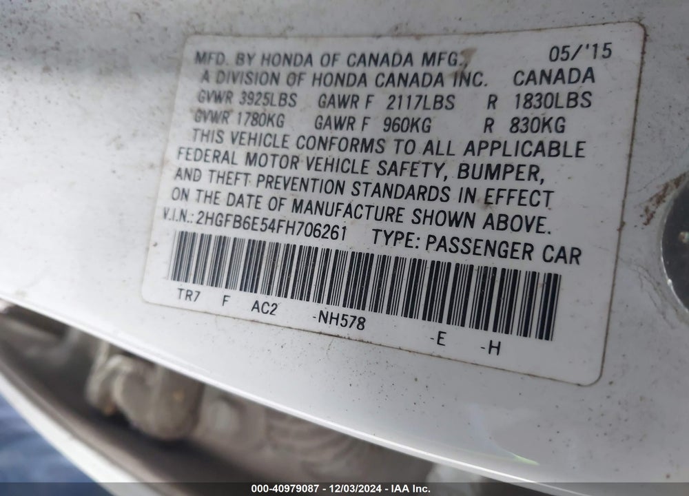 2015 HONDA CIVIC SI VIN: 2HGFB6E54FH706261