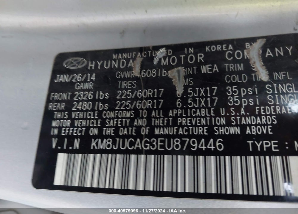 2014 HYUNDAI TUCSON SE VIN: KM8JUCAG3EU879446