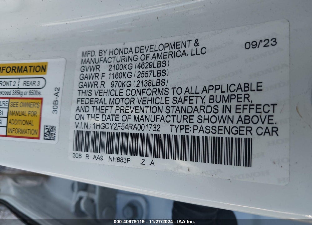 2024 HONDA ACCORD VIN: 1HGCY2F54RA001732