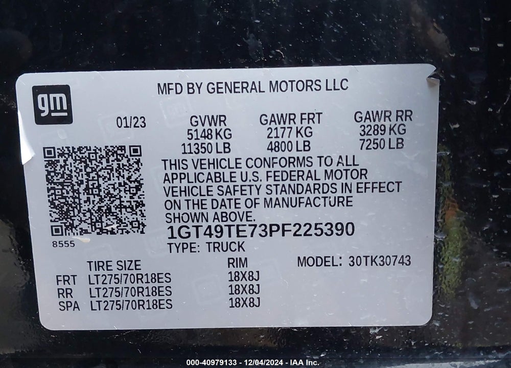 2023 GMC SIERRA 3500HD VIN: 1GT49TE73PF225390