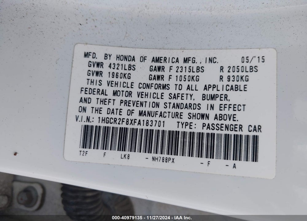 2015 HONDA ACCORD EX-L VIN: 1HGCR2F8XFA183701