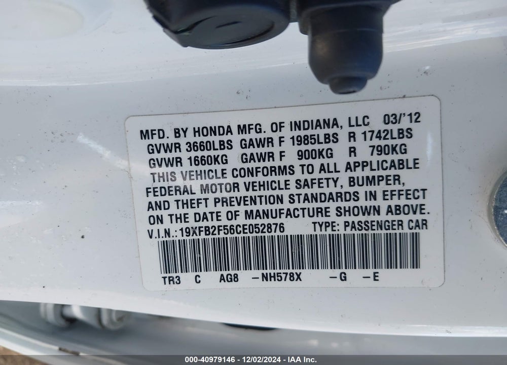 2012 HONDA CIVIC LX VIN: 19XFB2F56CE052876