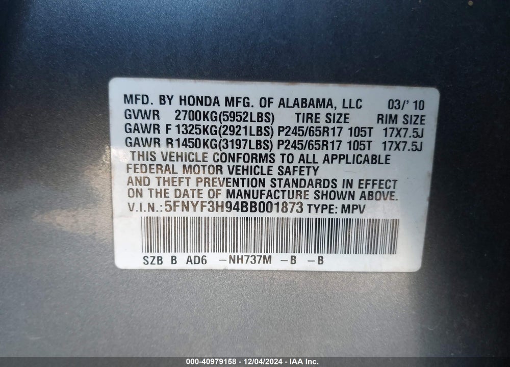 2011 HONDA PILOT TOURING VIN: 5FNYF3H94BB001873