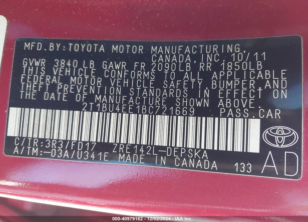 2011 TOYOTA COROLLA S VIN: 2T1BU4EE1BC721669