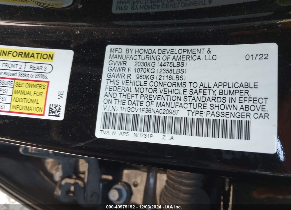 2022 HONDA ACCORD SPORT VIN: 1HGCV1F36NA020987