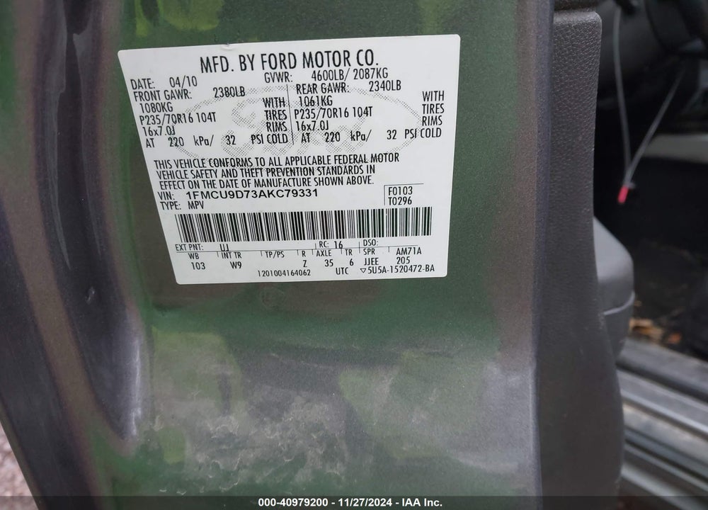 2010 FORD ESCAPE XLT VIN: 1FMCU9D73AKC79331