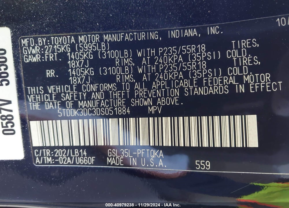 2013 TOYOTA SIENNA XLE LIMITED VIN: 5TDDK3DC3DS051884