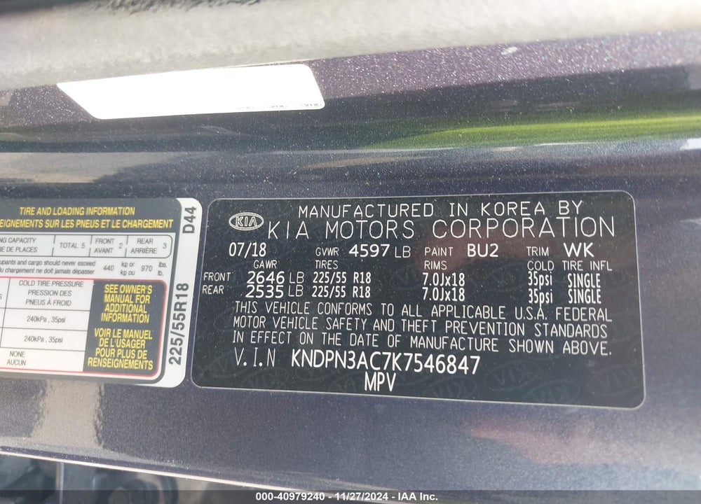 2019 KIA SPORTAGE EX VIN: KNDPN3AC7K7546847