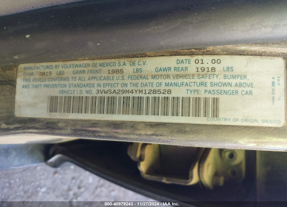2000 VOLKSWAGEN JETTA GLS VIN: 3VWSA29M4YM128528