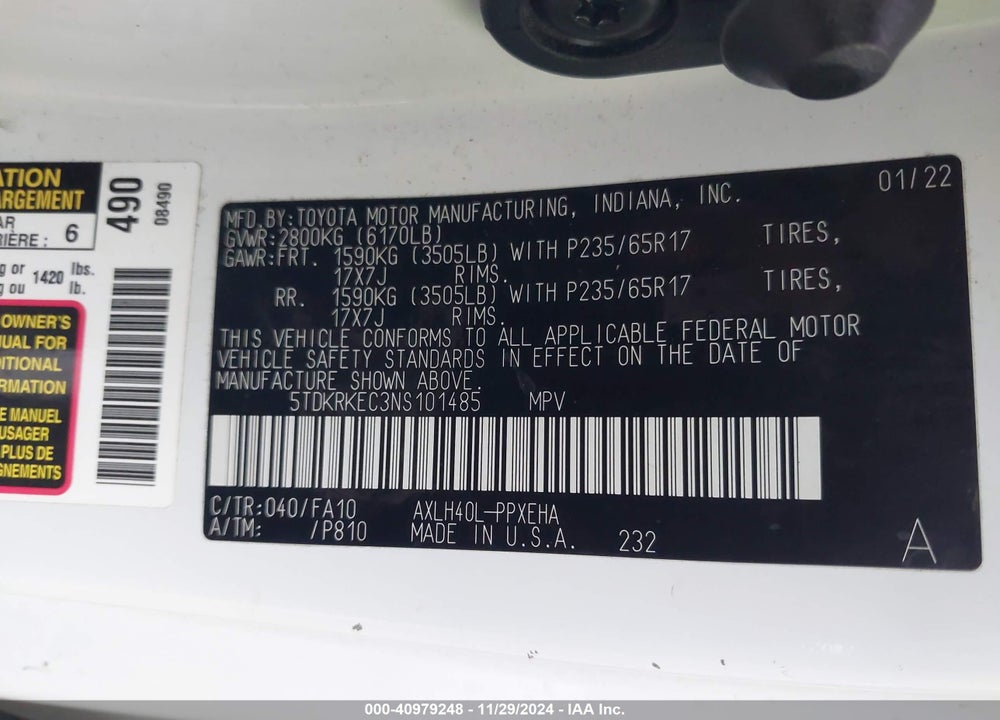 2022 TOYOTA SIENNA LE VIN: 5TDKRKEC3NS101485