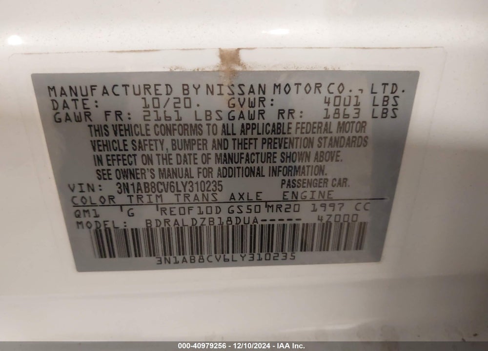 2020 NISSAN SENTRA VIN: 3N1AB8CV6LY310235