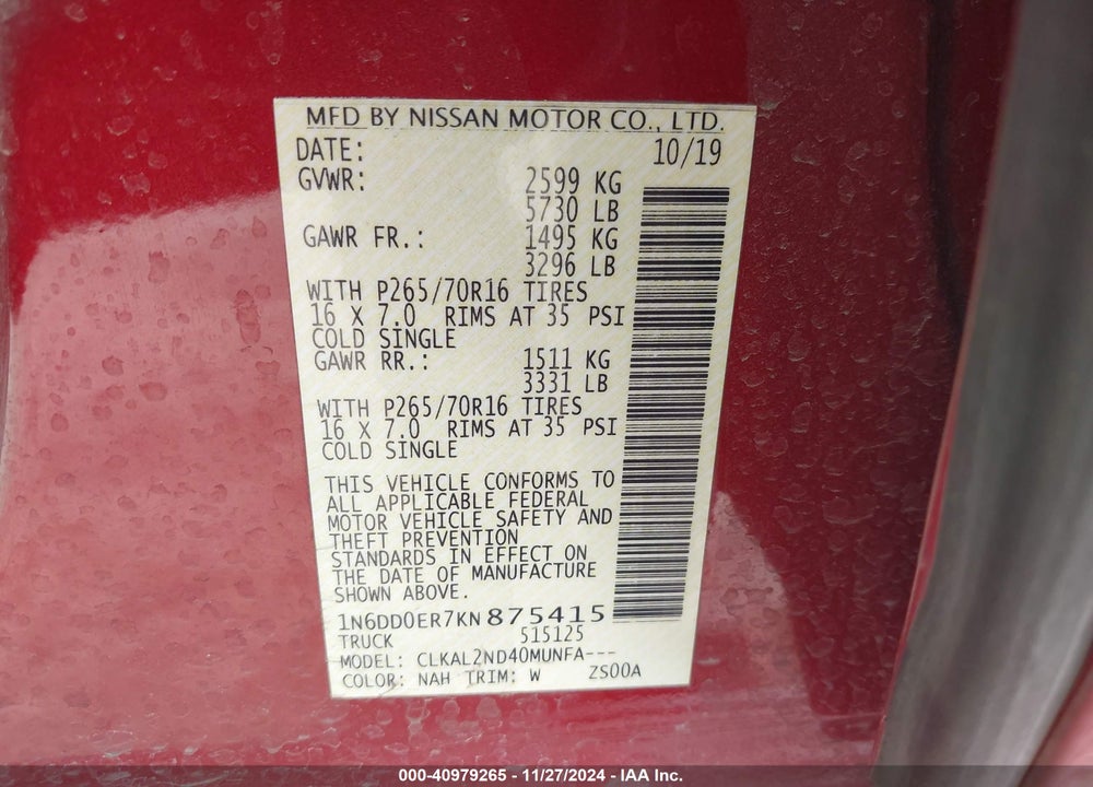 2019 NISSAN FRONTIER VIN: 1N6DD0ER7KN875415