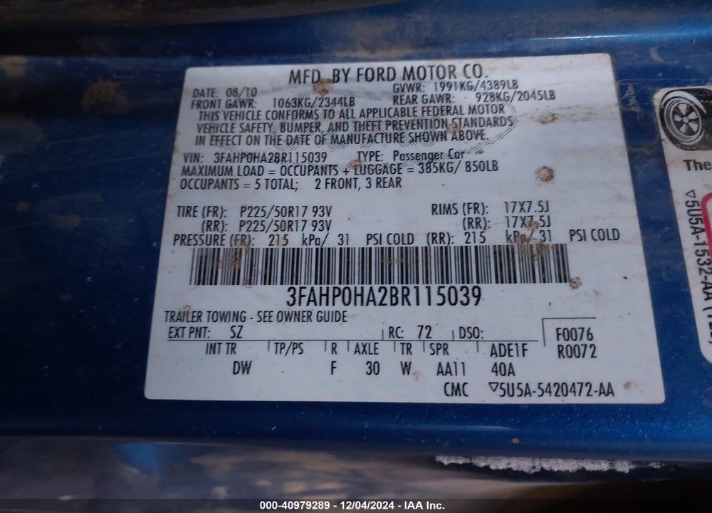 2011 FORD FUSION SE VIN: 3FAHP0HA2BR115039
