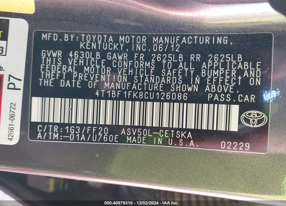 2012 TOYOTA CAMRY SE VIN: 4T1BF1FK8CU126086
