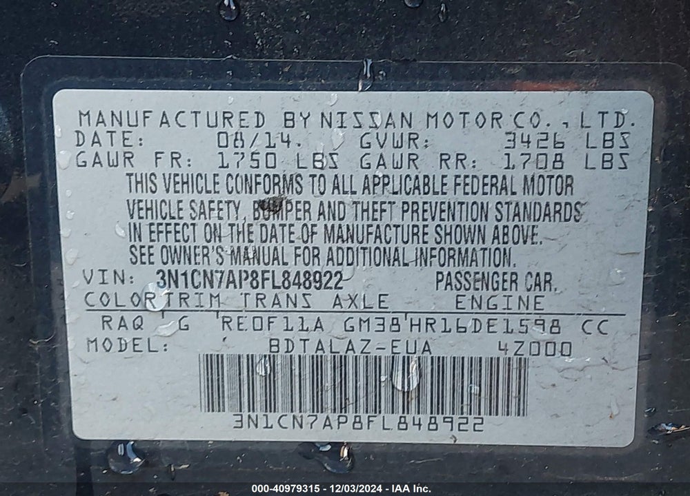 2015 NISSAN VERSA 1.6 S+ VIN: 3N1CN7AP8FL848922