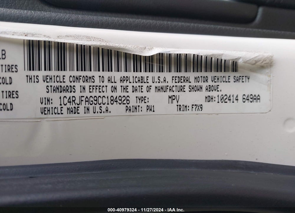 2012 JEEP GRAND CHEROKEE LAREDO VIN: 1C4RJFAG9CC184926