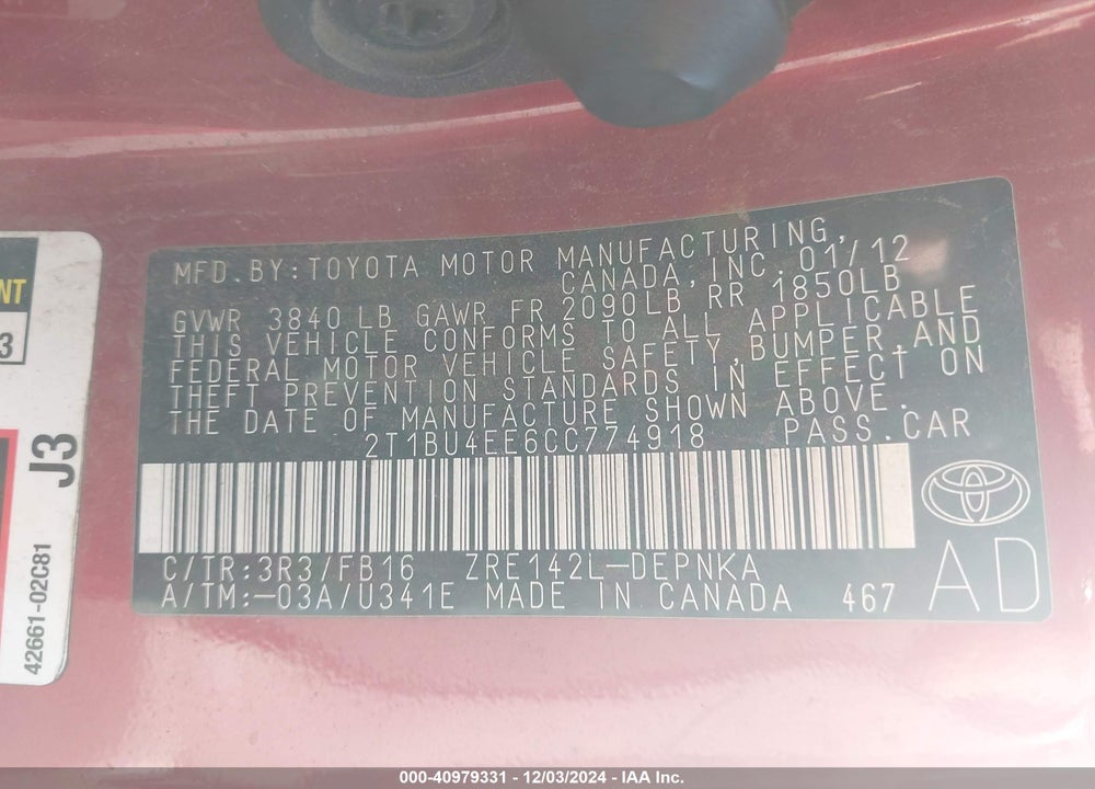 2012 TOYOTA COROLLA VIN: 2T1BU4EE6CC774918