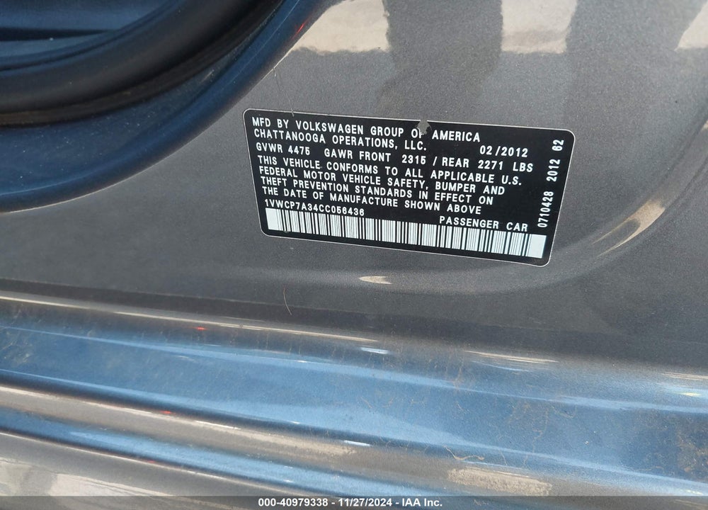 2012 VOLKSWAGEN PASSAT 2.5L SEL VIN: 1VWCP7A34CC056436