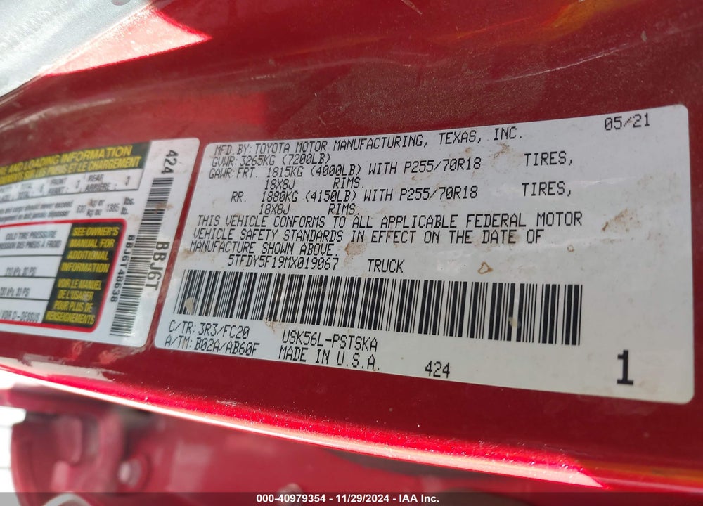 2021 TOYOTA TUNDRA SR5 VIN: 5TFDY5F19MX019067