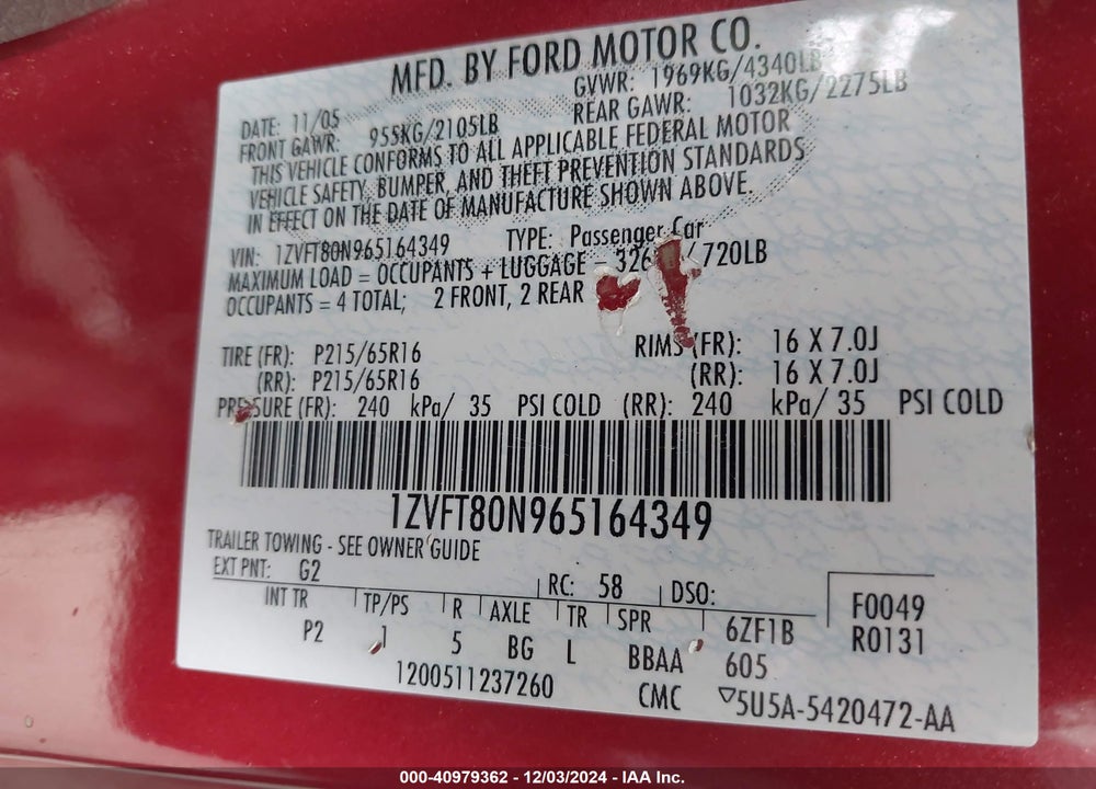 2006 FORD MUSTANG V6 VIN: 1ZVFT80N965164349