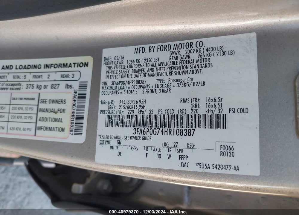 2017 FORD FUSION S VIN: 3FA6P0G74HR108387