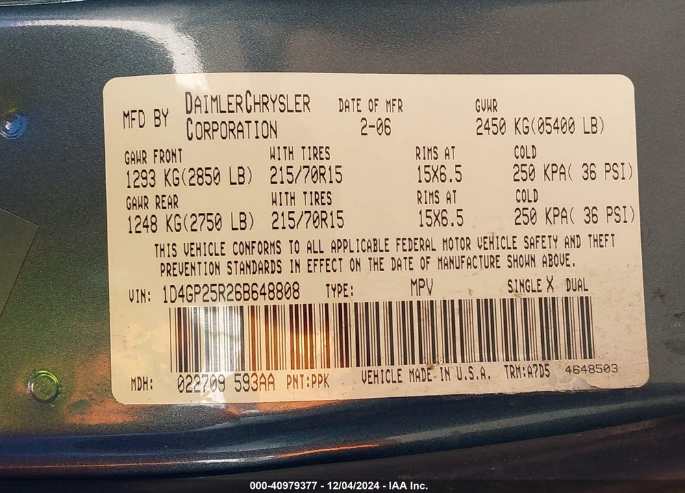 2006 DODGE CARAVAN SE VIN: 1D4GP25R26B648808