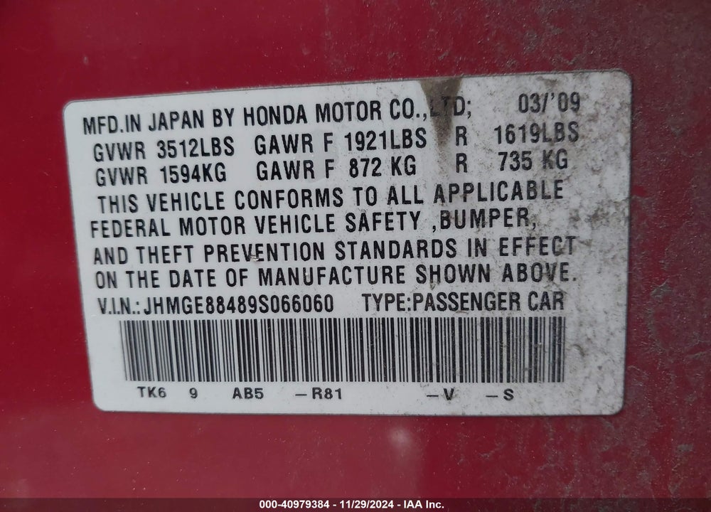 2009 HONDA FIT SPORT VIN: JHMGE88489S066060