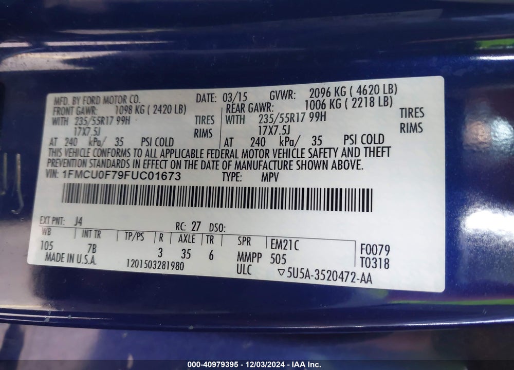 2015 FORD ESCAPE S VIN: 1FMCU0F79FUC01673