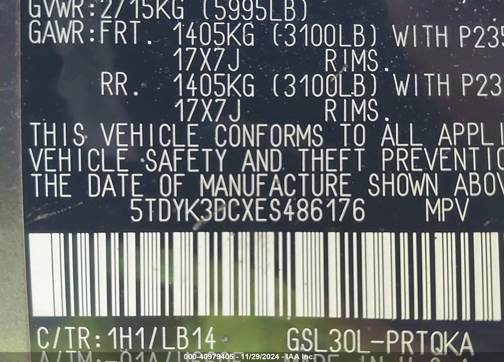 2014 TOYOTA SIENNA XLE V6 8 PASSENGER VIN: 5TDYK3DCXES486176