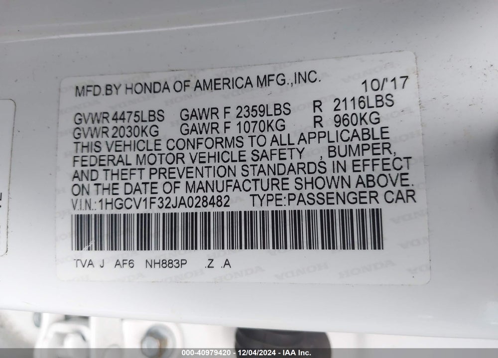 2018 HONDA ACCORD SPORT VIN: 1HGCV1F32JA028482