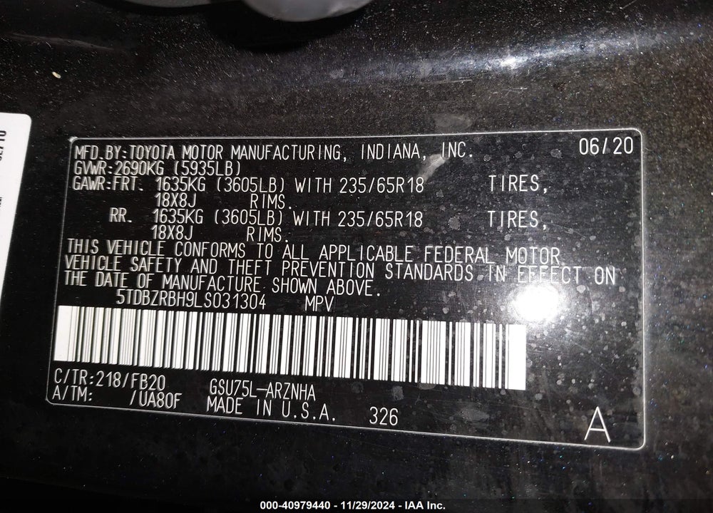 2020 TOYOTA HIGHLANDER LE VIN: 5TDBZRBH9LS031304