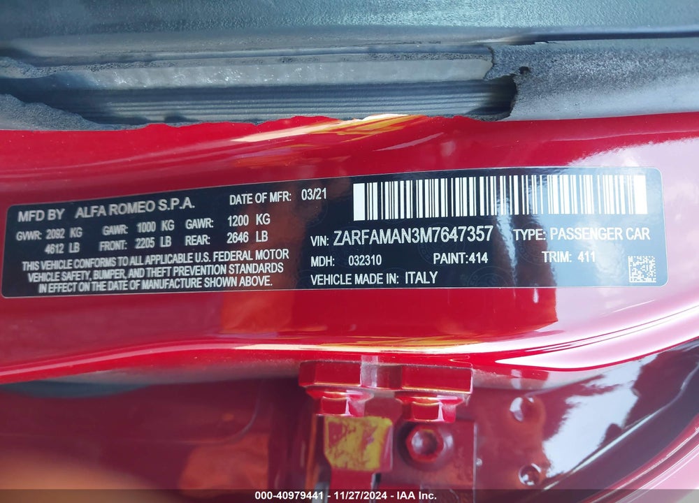 2021 ALFA ROMEO GIULIA RWD VIN: ZARFAMAN3M7647357