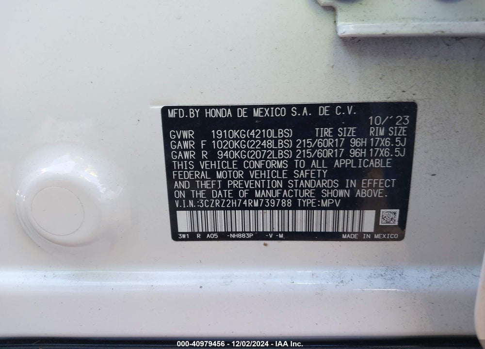 2024 HONDA HR-V AWD EX-L/AWD EX-L W/O BSI VIN: 3CZRZ2H74RM739788