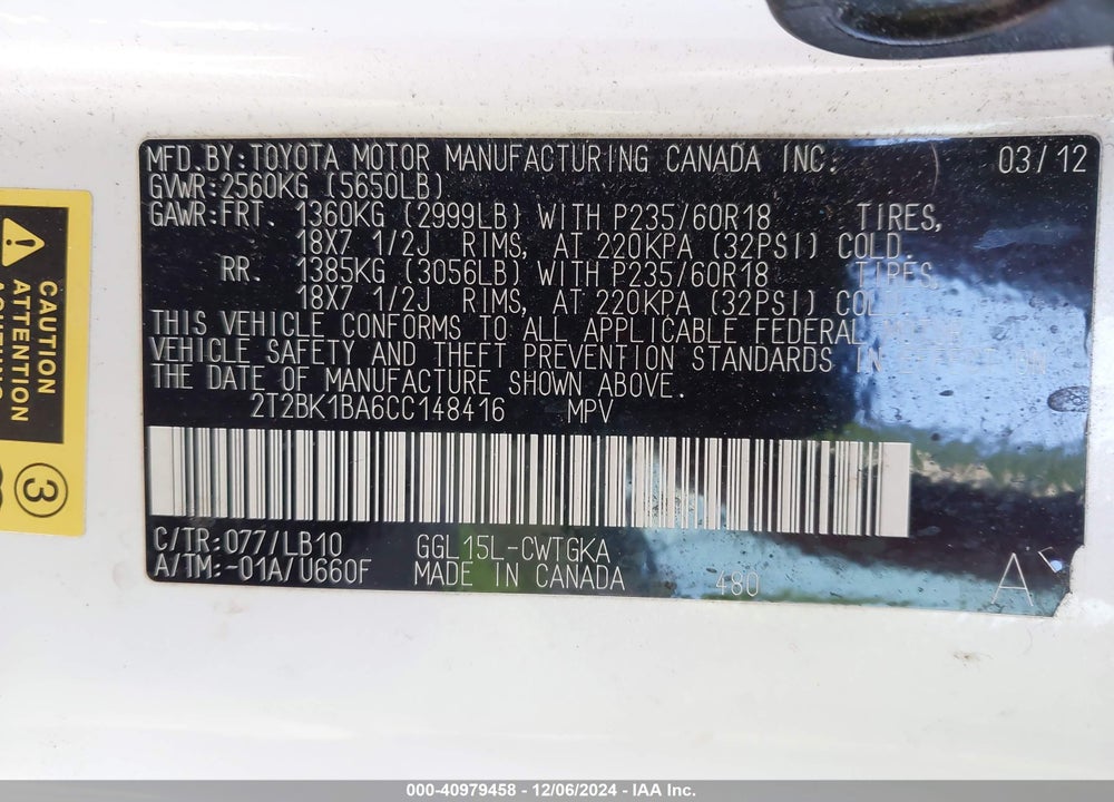 2012 LEXUS RX 350 VIN: 2T2BK1BA6CC148416