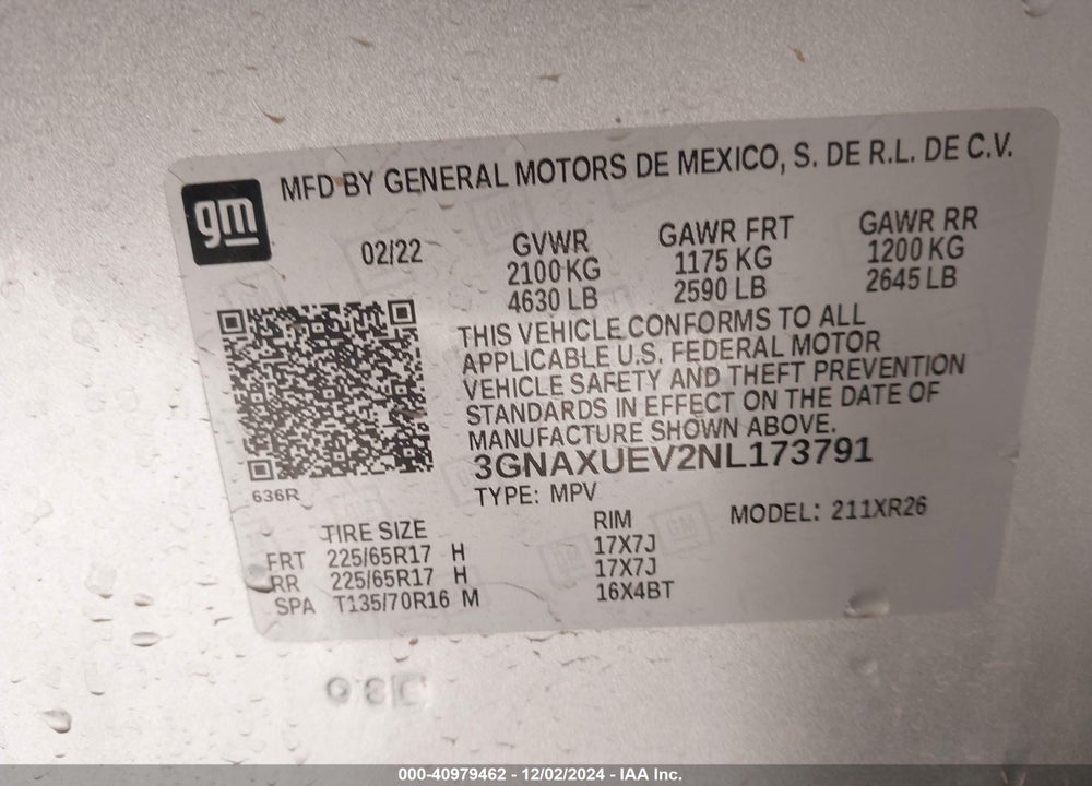 2022 CHEVROLET EQUINOX AWD LT VIN: 3GNAXUEV2NL173791
