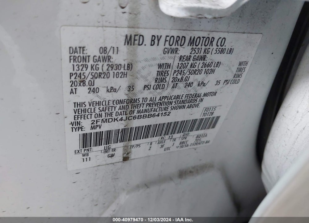 2011 FORD EDGE SEL VIN: 2FMDK4JC6BBB64152