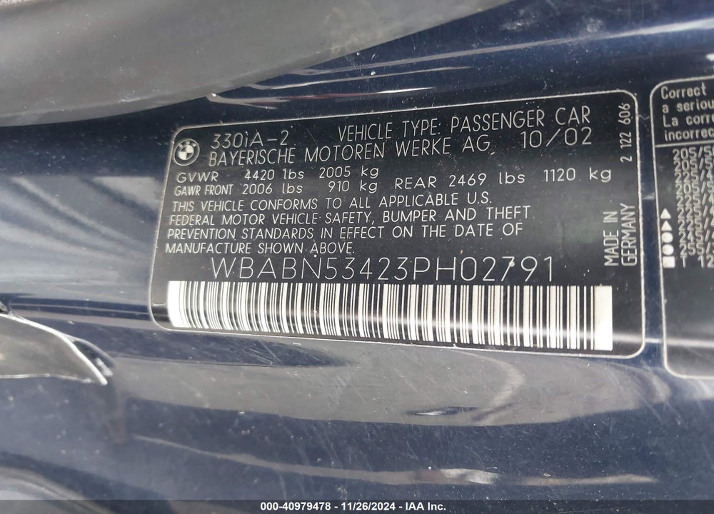 2003 BMW 330CI VIN: WBABN53423PH02791
