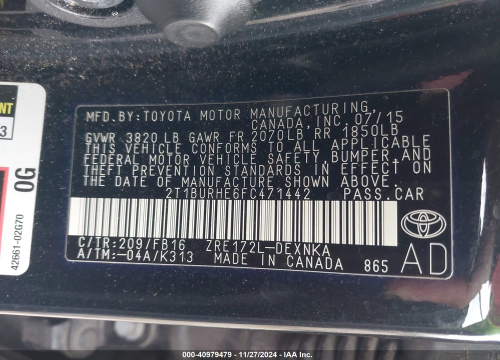 2015 TOYOTA COROLLA LE VIN: 2T1BURHE6FC471442