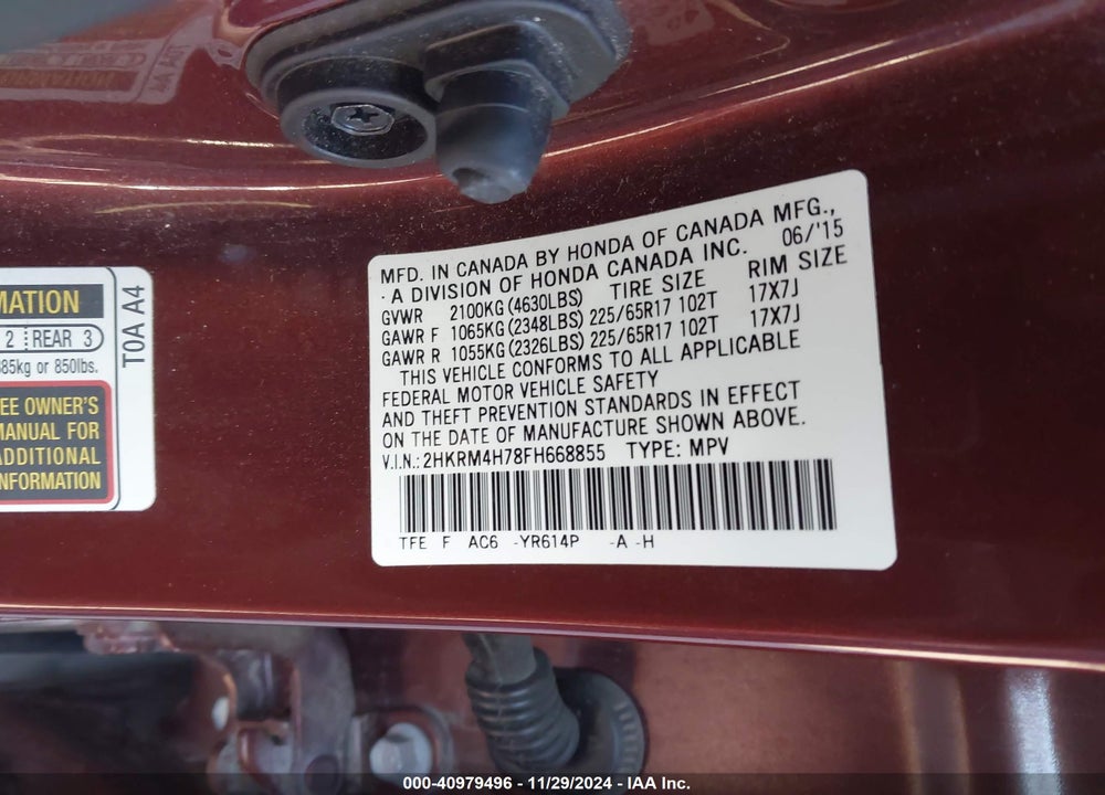 2015 HONDA CR-V EX-L VIN: 2HKRM4H78FH668855